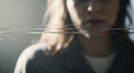 Close-up portrait of a young woman with a contemplative expression reflected behind a glass surface with water droplets in a dimly lit room.