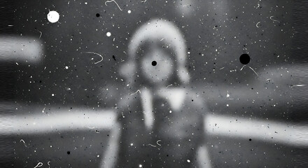 Black and white blurry portrait of a young woman with a mysterious and moody atmosphere, against an abstract background with scattered dots and lines.