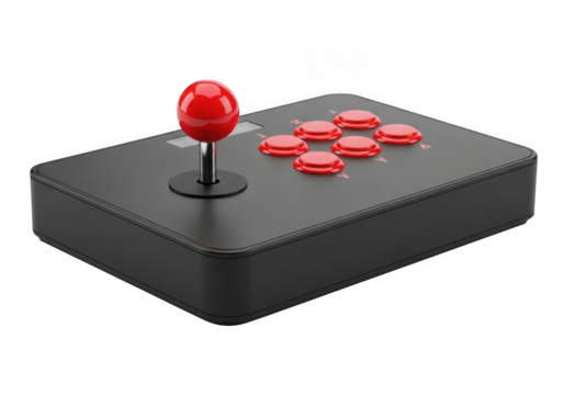 High-quality 3d rendering of a black arcade game controller with red joystick and buttons, perfect for gaming enthusiasts and professionals, isolated on transparent background - Powered by Adobe