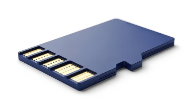 Close up of a blue microsd card with gold contacts on a white background
