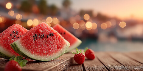 Fresh juicy watermelon slices beautifully arranged on a rustic wooden table with, set against a dreamy tropical marina at sunset. Soft bokeh lights and warm pastel sky , romantic summer atmosphere