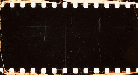 Close-up of a film strip with visible frames and sprocket holes against a white background.