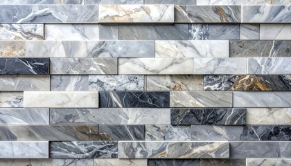 Staggered stone tile wall with varied gray tones and marbled textures, creating architectural depth.
