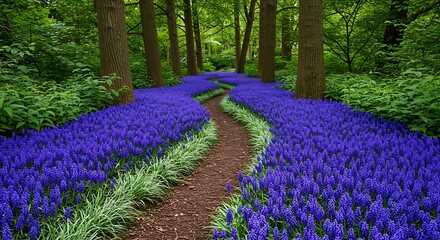 Vibrant Blue Flowers in Forest Path with Green Grass