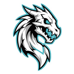 A stylized white and grey skeletal dragon head with glowing blue eyes and sharp teeth, outlined in cyan.