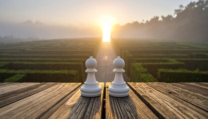 White pawn and king chess pieces on wooden surface with sunset field in background, evoking strategy and contemplation.