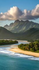 Breathtaking Aerial View of Tropical Beach and Lush Green Mountains