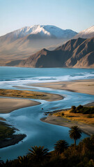 Breathtaking Aerial Landscape of River Meeting Beach with Snow-Capped Mountains