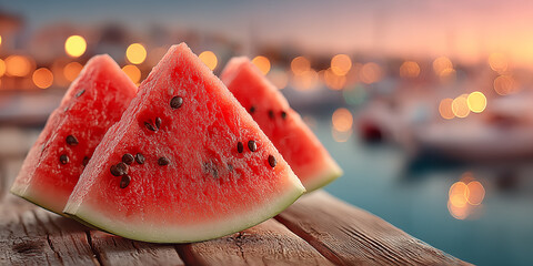 Fresh juicy watermelon slices beautifully arranged on a rustic wooden table with, set against a dreamy tropical marina at sunset. Soft bokeh lights and warm pastel sky , romantic summer atmosphere