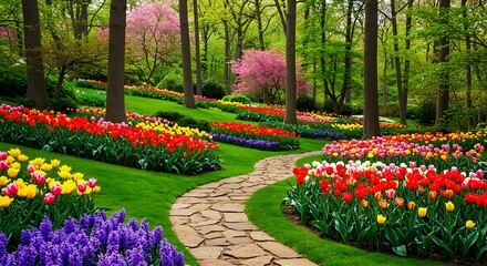 Obraz premium Vibrant Tulip Garden Pathway with Colorful Flowers and Trees