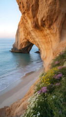 Breathtaking Coastal Sea Cave with Beach and Spring Wildflowers
