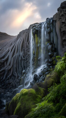 Dramatic Waterfall Over Towering Natural Basalt Column Rock Formations