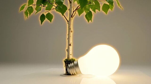 Tree grows from glowing lightbulb with moss covering base. Birch sapling in bulb shows energy concept. Tree lightbulb glows. Green energy with tree in bulb. Moss covers lightbulb with tree.