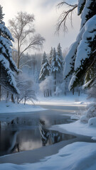 Pristine Winter Forest with Frozen River and Snow-Covered Trees