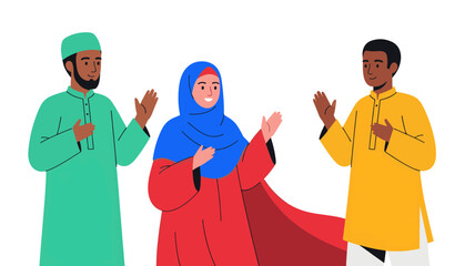 Diverse group of people in traditional clothing greeting each other