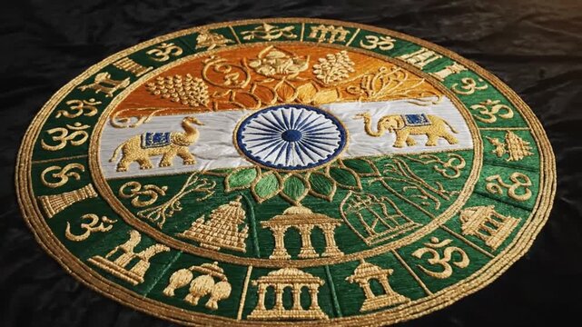 Embroidered Indian Flag Emblem with Elephants and Hindu Symbols Slow Rotation
