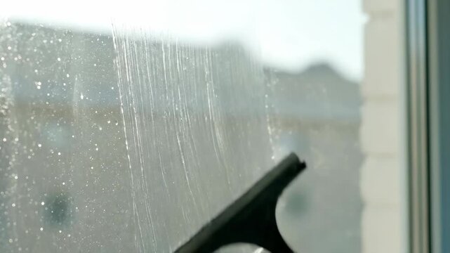 Efficient window cleaning with spray and squeegee techniques in natural light
