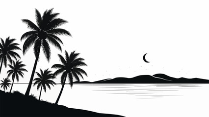 Silhouette of palm trees on a tropical island beach at night.