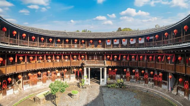 Fujian Tulou interior ultra-wide angle time-lapse photography
