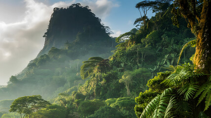 Towering Jungle Mountain Peak with Lush Rainforest and Mist