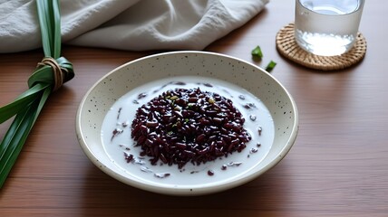 Black Sticky Rice Pudding with Fresh Coconut Milk and Pandan Leaf