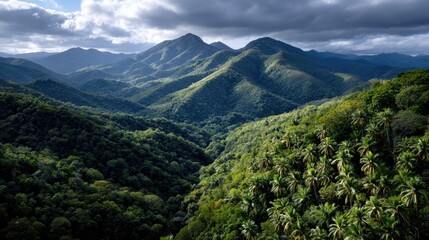 Obraz premium Mountainous landscape lush greenery under cloudy skies