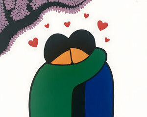 Romantic Couple Hugging Under Blossoming Tree Minimalist Digital Art