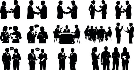 Collection of business people silhouettes in various professional settings