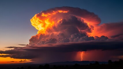 Dramatic thunderstorm clouds with lightning at sunset over mountains