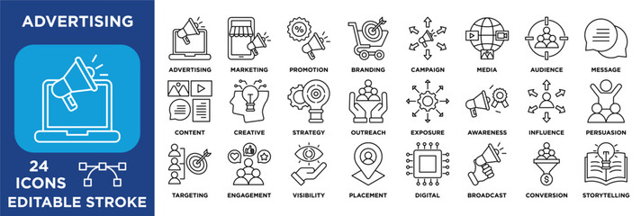 Advertising icon collection set. Containing marketing, branding, promotion, audience targeting, media, engagement, strategy, and digital communication. vector