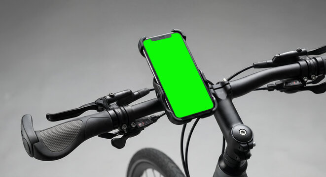 Close-up of a smartphone with a green screen mounted on a bicycle handlebar, ready for navigation or tracking. - Powered by Adobe