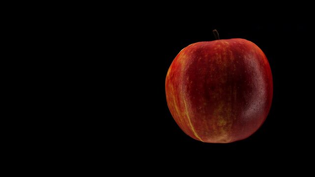 Fresh red apple rotating seamless loop, healthy fruit food 3D rendering isolated on black background.