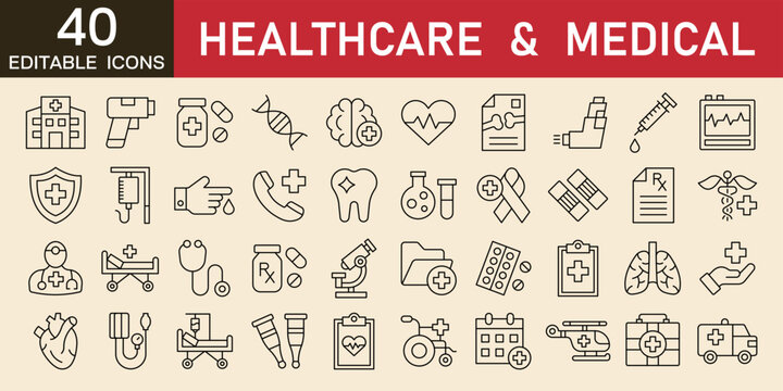 Healthcare and medical icons set in line style editable icons medicine and health icon collection, with icons of emergency, treatment, medical, doctor, pharmacy, diagnosis, editable stroke line icon  