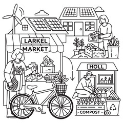 Line Art Illustration of Sustainable Urban Farming and Community Market