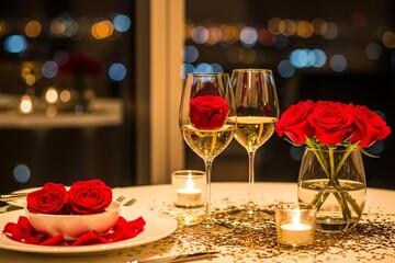 Romantic dinner setup with wine and roses in elegant ambiance