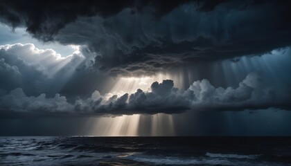 Dramatic stormy ocean landscape with sun rays piercing through dark clouds