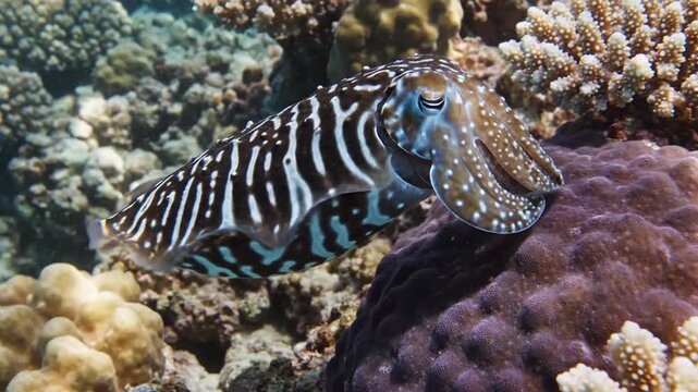 Underwater Wonders: Stunning Cuttlefish Displaying Vibrant Colors and Patterns Amid Coral Reef,