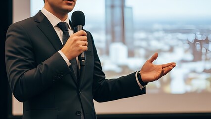 A man in a suit speaking into a microphone at a conference