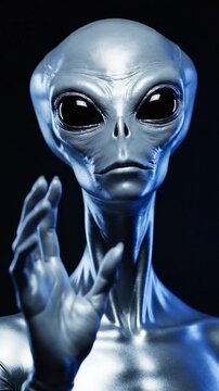 A close-up portrait of a humanoid alien with a grey, smooth skin reaching out a hand