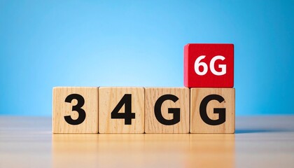 Wooden blocks labeled 3G to 6G with wireless icon on red block, symbolizing mobile network evolution.