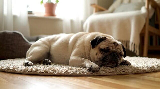 Cute pug dog lying on a shaggy rug, snoring while relaxing peacefully indoors on a sunny day