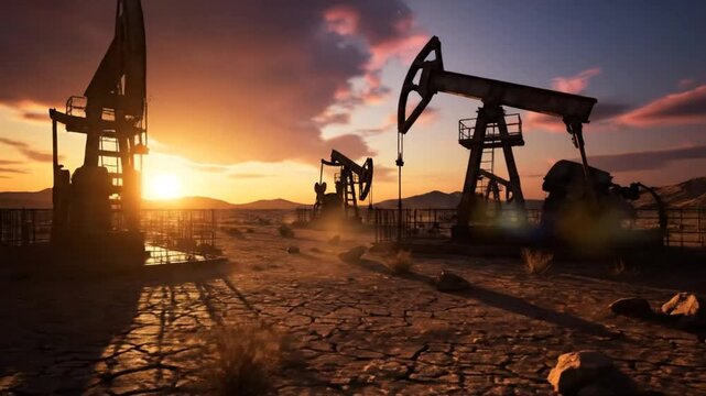 Dramatic sunset over a desolate oil field with working pump jacks casting long shadows across cracked earth