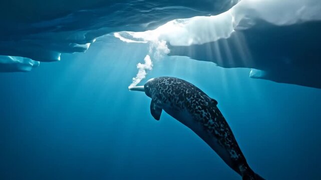 Underwater world of the Arctic with Narwhals exploring icebergs in their natural habitat