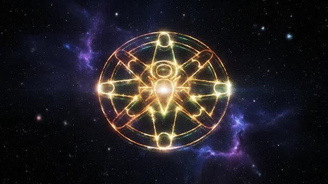 Mystical glowing star wheel in space with cosmic background, spiritual and futuristic abstract concept