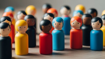 Diverse wooden peg people arranged in a group on a wooden surface.