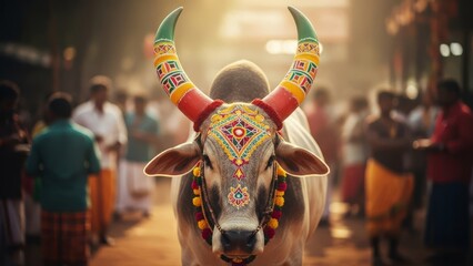 Decorated bull with vibrant paint and garlands standing in a blurred crowd during a festival