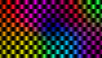 Vibrant rainbow color gradient pattern on a black background, forming a checkered grid of glowing vertical rectangles.