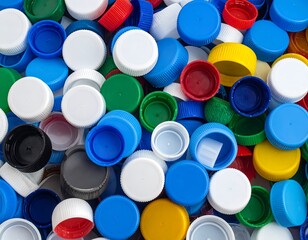 Close-up view of multicolored plastic bottle caps randomly arranged