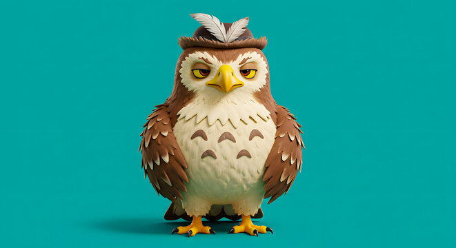 Charming 3D cartoon owl character in a brown feathered hat, exuding a serious yet endearing expression against a vibrant teal background, a whimsical and detailed digital illustration