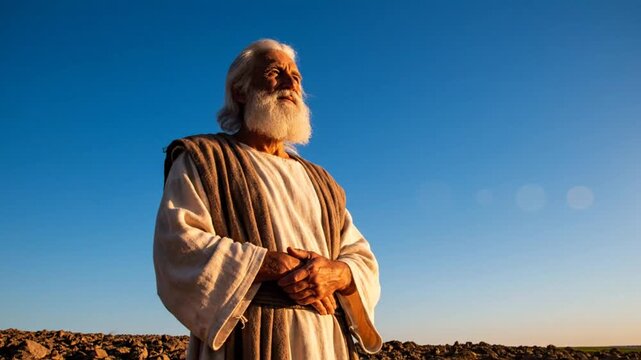 Elderly man in biblical attire gazing upward with a contemplative expression against a clear blue sky